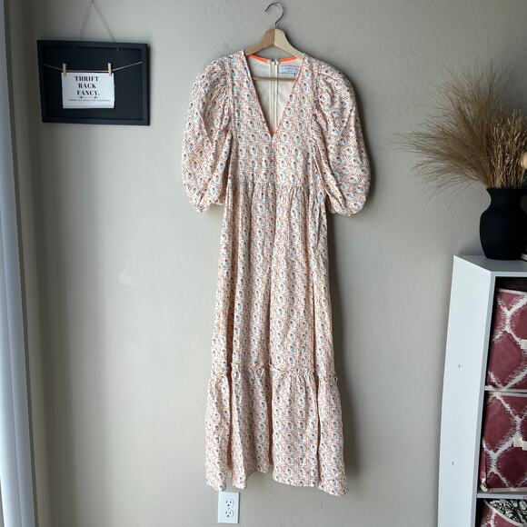 Hunter Bell Dress Palmer Floral Tulip Puff Sleeve White Orange Maxi Dress Sz M - Picture 2 of 9